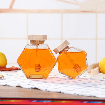 Wooden Lid 12 Oz 13.4oz Hexagon Glass Honey Jar Transparent