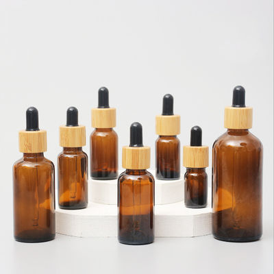 Good price Conteneurs cosmétiques d'Amber Color Bamboo Essential Oil de compte-gouttes de bouteille en bois en verre en verre brillant de chapeau en ligne